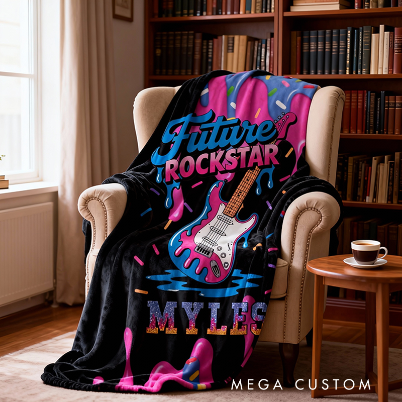 Personalized Future Rockstar Blankets for Kids with Name Electric Guitar Blanket Boys Room Decor Cool Custom Kids Blanket Music Lovers