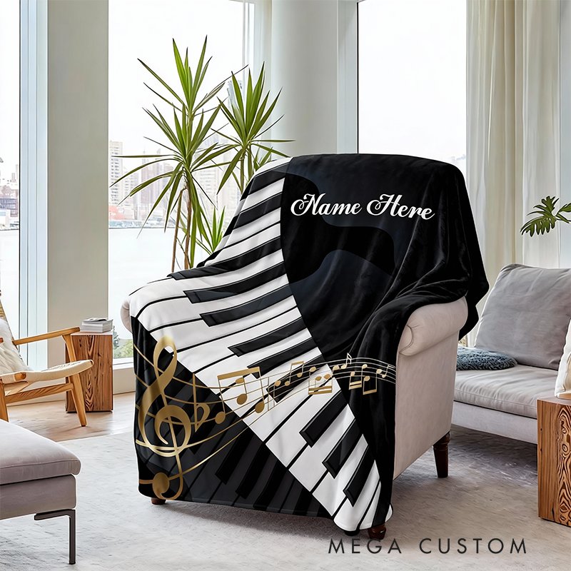 Personalized Piano Blanket Music Blanket Custom Name Velveteen Plush Blankets Gift for Piano Lover