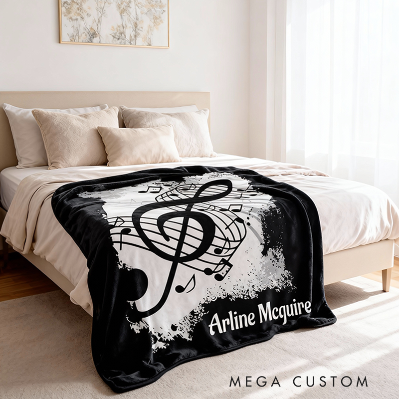 Personalized Music Notes Blanket Treble Clef Throw Blanket Music Lover Gift Custom Musician Blanket Black and White Musical Decor