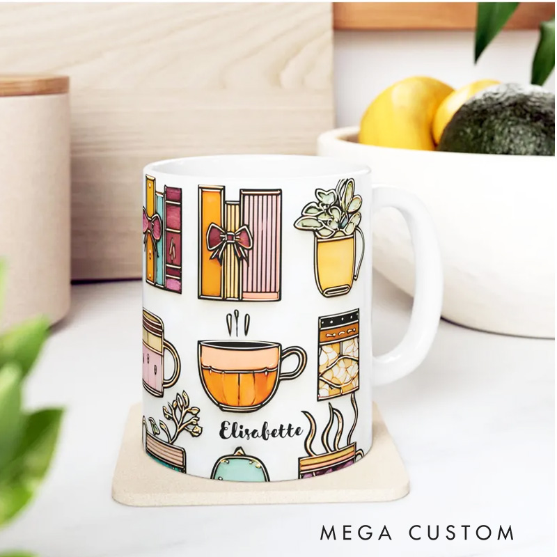 Personalized Stained-Glass Flower Book Mug Custom Floral Book Coffee Cup with Name for Bookworm Reader Book Lover Librarian Gift