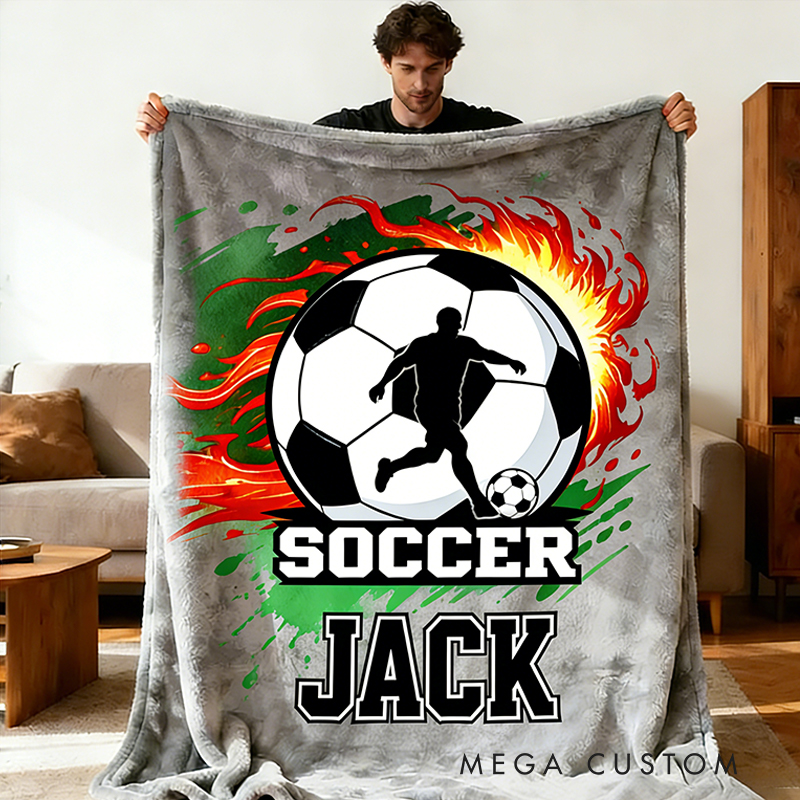 Personalized Soccer Blanket with Custom Name and Fiery Design for Soccer Enthusiasts