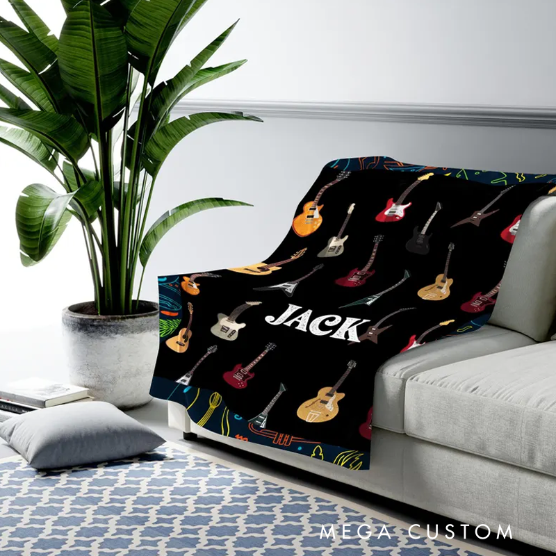 Personalized Guitar Name Blanket Fleece Sherpa Blanket with Name Electric Guitar Blanket Room Decor Cool Custom Blanket Music Lovers