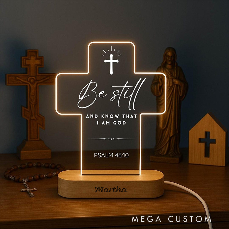 Personalized Custom Name Scripture Cross LED Night Light with Wooden Base Bedroom Decor Bible Verse Lamp Christian Gift Faith Based Gift