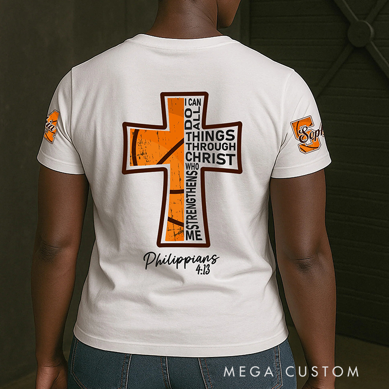 Personalized Basketball and Faith T-Shirt with Philippians 4:13 and Custom Name Christian Sports Gift Religious Gift for Basketball Lover