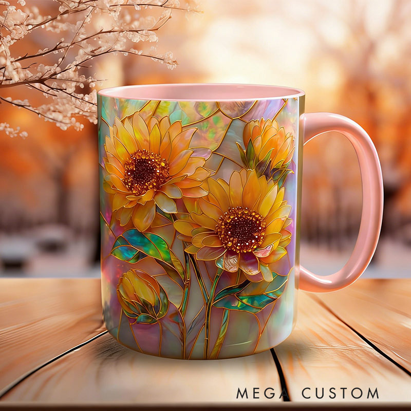 Personalized Stained Glass Sunflower Mug Floral Art Mug Custom Name for Gardening Lovers