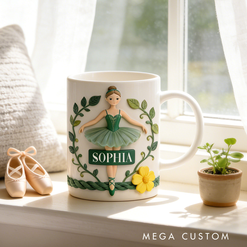 Personalized 2D Flat Green Flora Ballerina Mug Dancer Mug Ballet Dance Lover Mug Dancing Gift Coffee Mug