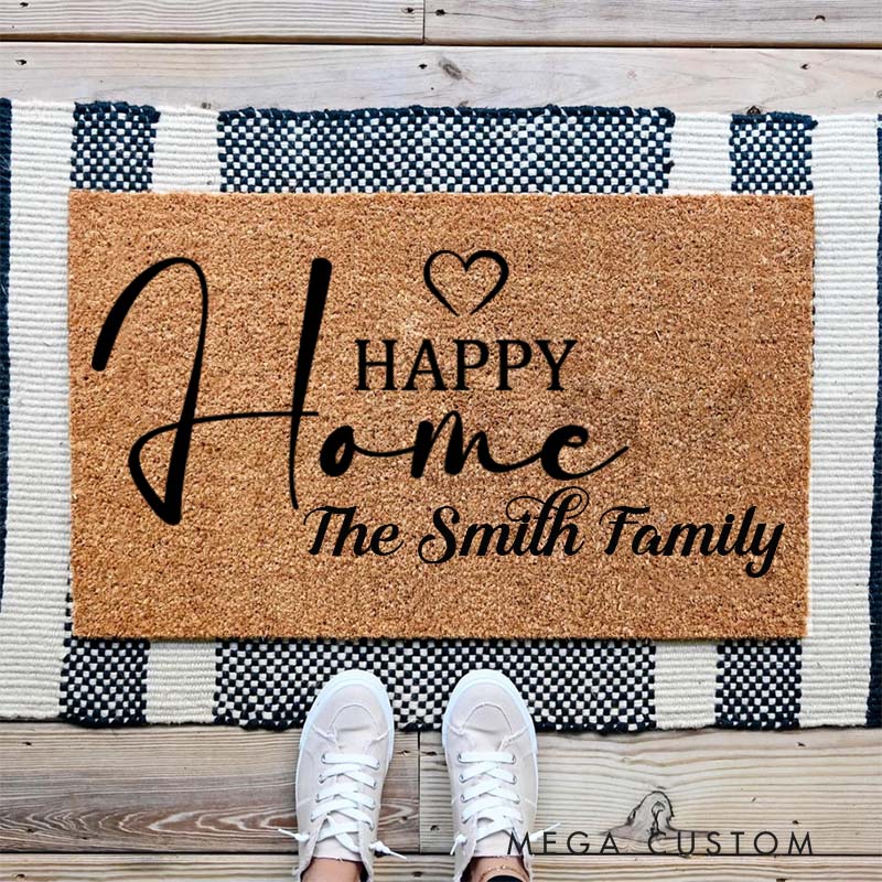 Personalized Happy Home Doormat Custom Welcome Mat Durable Coir Rug for Front Door Housewarming Gift for Family Couples or New Homeowners