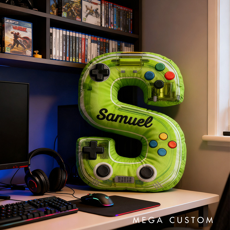 Personalized Graphic 3D Print Neon Controller Alphabet Shaped Pillow for Game Lovers Initial Pillow Christmas Gift for Kids