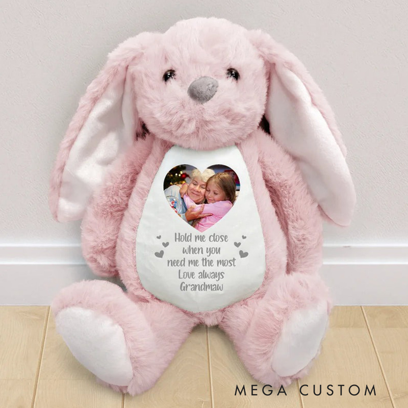Personalized Memorial Bunny Plush With Custom Photo Hold Me Close When You Need Me Most Soft Toy Bunny Remembrance Keepsake 