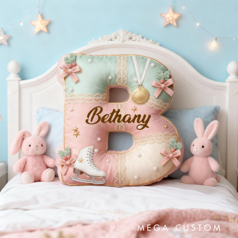 Personalized Graphic 3D Print Elegant Ice Skating Alphabet Shaped Pillow for Ice Skate Lovers Initial Pillow Christmas Gift for Kids