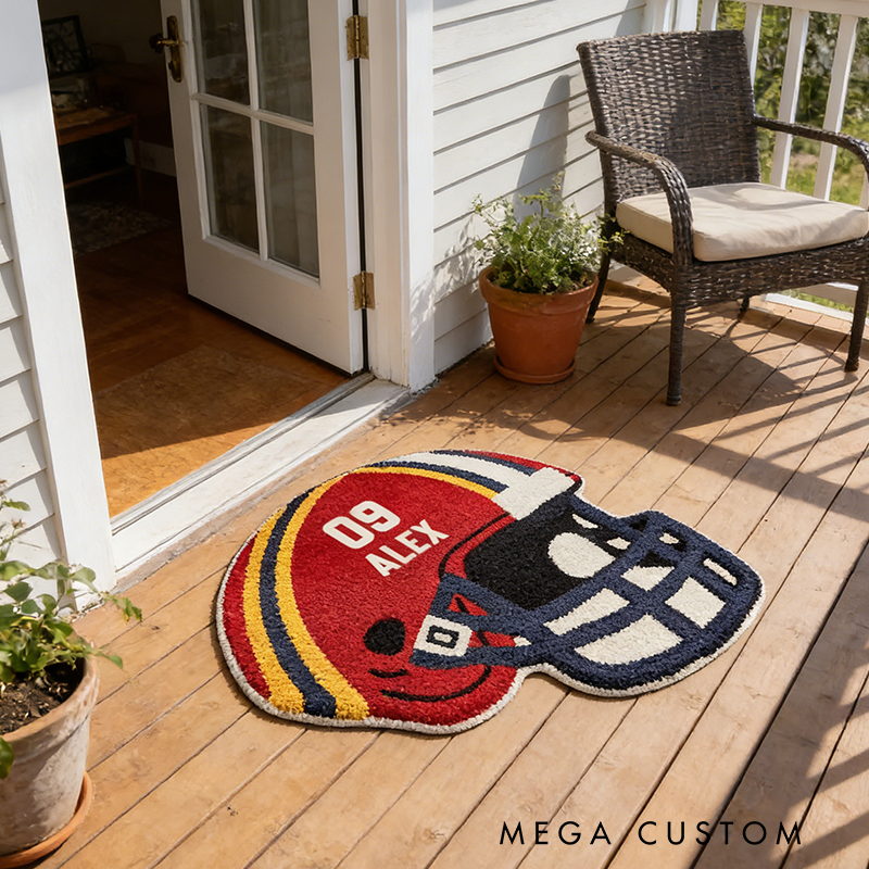 Personalize Your Football Helmet Rug with Custom Name and Number Design