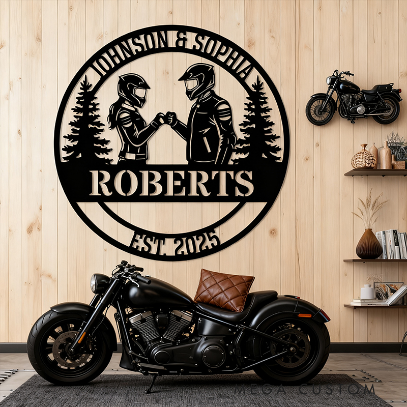 Personalized Biker Couple Metal Sign Custom Motorcycle Rider Wall Art Decor Anniversary Gift Wedding Gift for Newlyweds