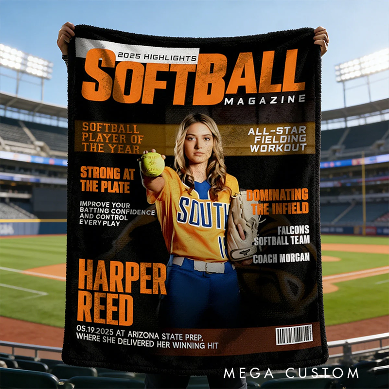 Personalize Your Softball Magazine Blanket with Custom Name and Photo Design