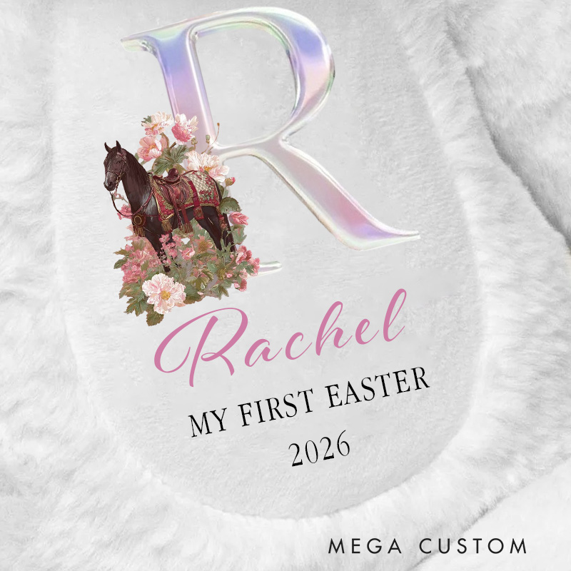 Personalized Cute Horse Flowers Rabbit Initial Soft Bunny Plush Stuffed Animal Toy with Name and Year First Easter Birthday Gift for Kids for Riding Lovers Equestrian Lovers