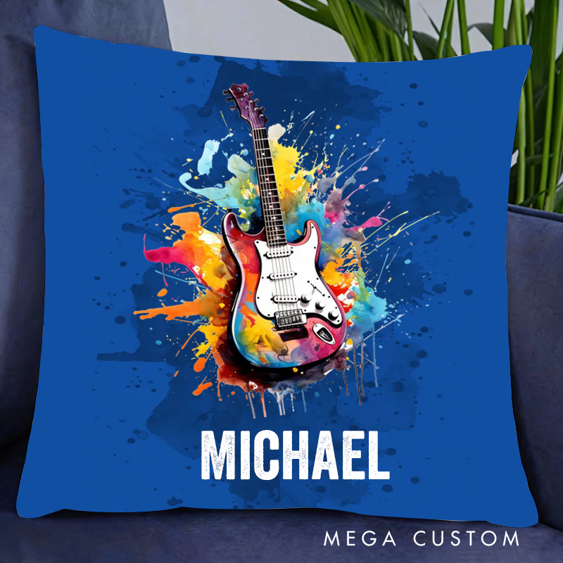 Personalized Multicolor Splash Ink Electric Guitar Pillow with Name Music Room Decor Gift for Guitar Player