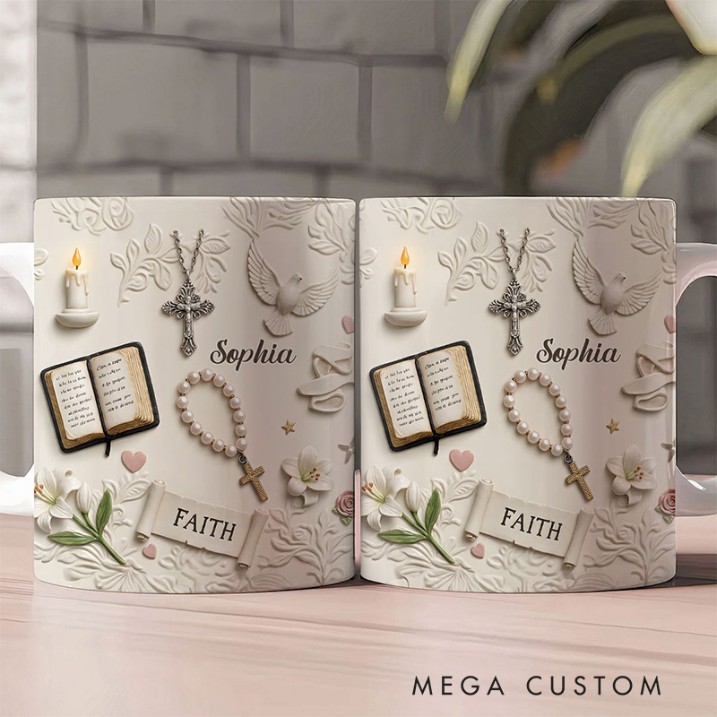 Personalized Rooted In Faith 11oz 15oz Ceramic Mug with Custom Name 3D Style Bible Rosary Cross Candles Ddoves Coffee Mug Religious Gift for Her