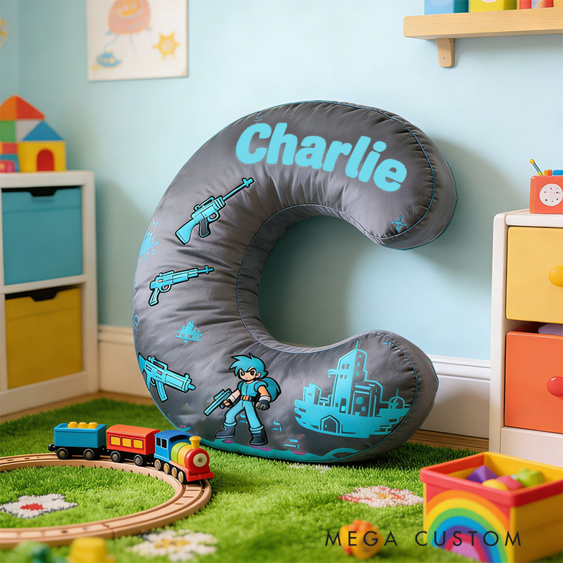 Personalized Gamer's Battle Zone Alphabet Shaped Pillow for Game Lovers Initial Pillow Christmas Gift for Kids