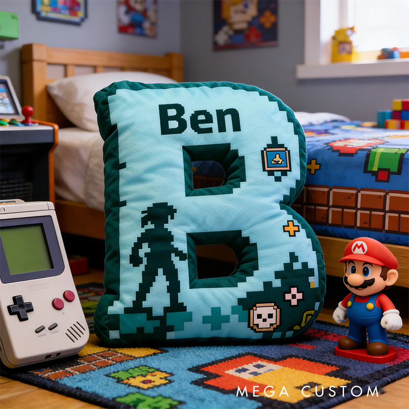 Personalized Retro Pixel Adventure Alphabet Shaped Pillow for Game Lovers Initial Pillow Christmas Gift for Kids