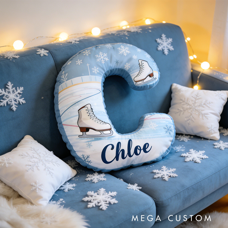Personalized Winter Skates Alphabet Shaped Pillow for Ice Skate Lovers Initial Pillow Christmas Gift for Kids