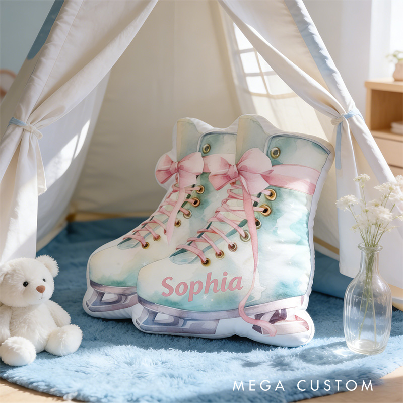 Personalized Water Color Mint Ice Skates Shaped Pillow for Ice Skate Lovers Pillow Christmas Gift for Kids