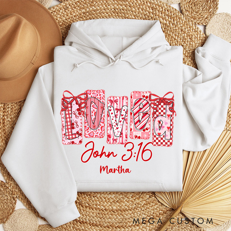 Personalized Loved John 3:16 Classic Hoodies with Name Retro Bible Verse Hoodies Religious Gift Valentines Day Gift for Girls