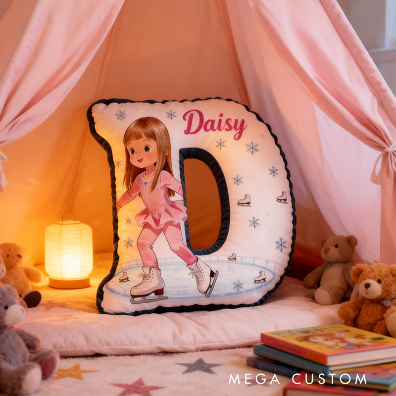 Personalized Graceful Cartoon Skater Ice Skating Alphabet Shaped Pillow for Ice Skate Lovers Initial Pillow Christmas Gift for Kids