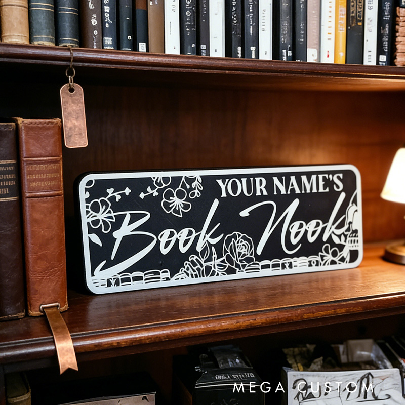 Personalized Floral Bookish Library Sign 3D Printed Book Nook Decor with Name Bookshelf Shelf Sitter Book Lover Gift for Bookish Bookworm Reader