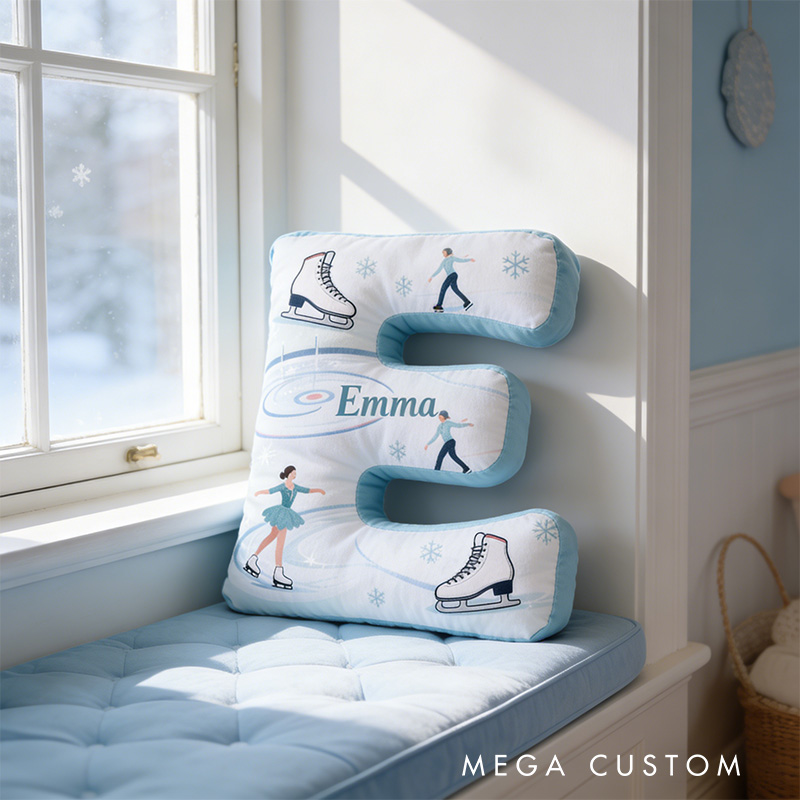 Personalized Winter Fun Ice Skating Alphabet Shaped Pillow for Ice Skate Lovers Initial Pillow Christmas Gift for Kids