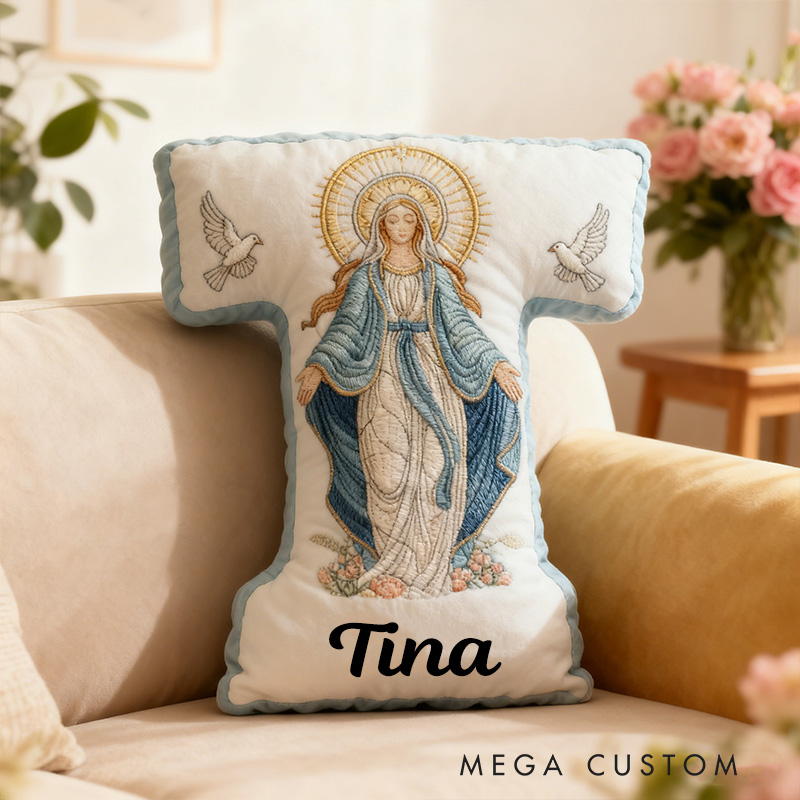 Personalized Virgin Mary Letter Pillow with Custom Name Christian Home Decor Catholic Gift for Her Our Lady of Grace Doves and Floral Graphic 3D Print