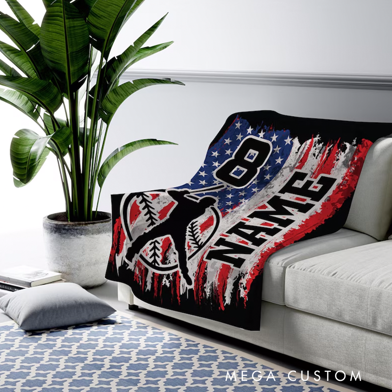 Personalized Baseball Blanket with Custom Name Number and Patriotic Design