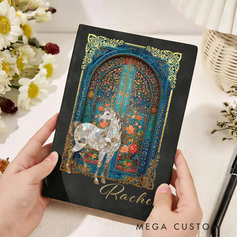 Personalized PU Leather Notebook with Riding Floral Blanket Vintage Garden Gate Floral Horse Custom Name Birthday Gift for Horse Lovers Riding Lovers Equestrian Lovers