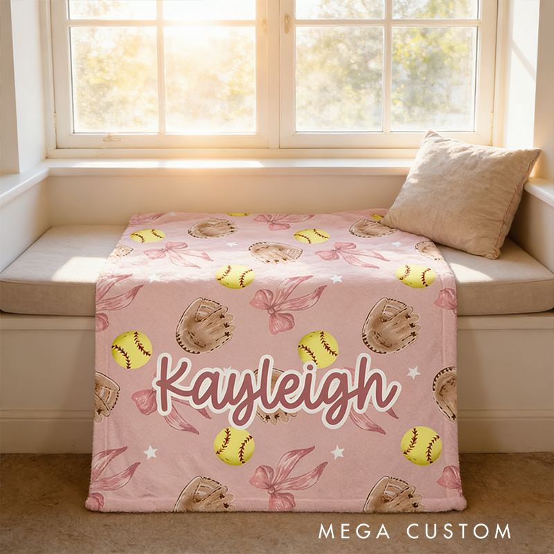 Personalized Softball Blanket with Custom Name and Cute Pink Design