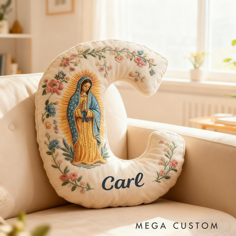 Personalized Virgen de Guadalupe Letter Pillow with Custom Name Religious Home Decor Catholic Gift for Her Blessed Mother Gift Floral Graphic 3D Print