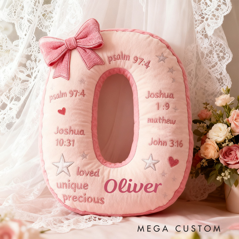 Personalized Pink Coquette Bow Bible Verses Letter Pillow with Custom Name Kid Room Decor Religious Gift for Kids Christian Quotes Graphic 3D Print