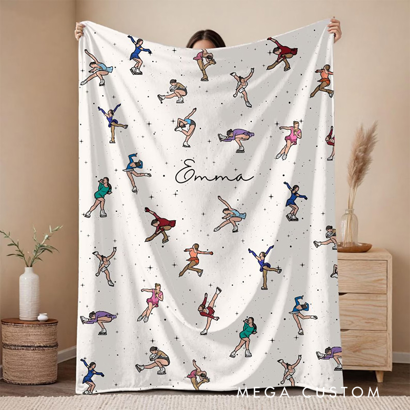 Personalized Ice Skates Pattern Blanket Flannel Blanket Figure Skater Blanket with Name for Ice Skating Lovers Birthday Gift for Girls