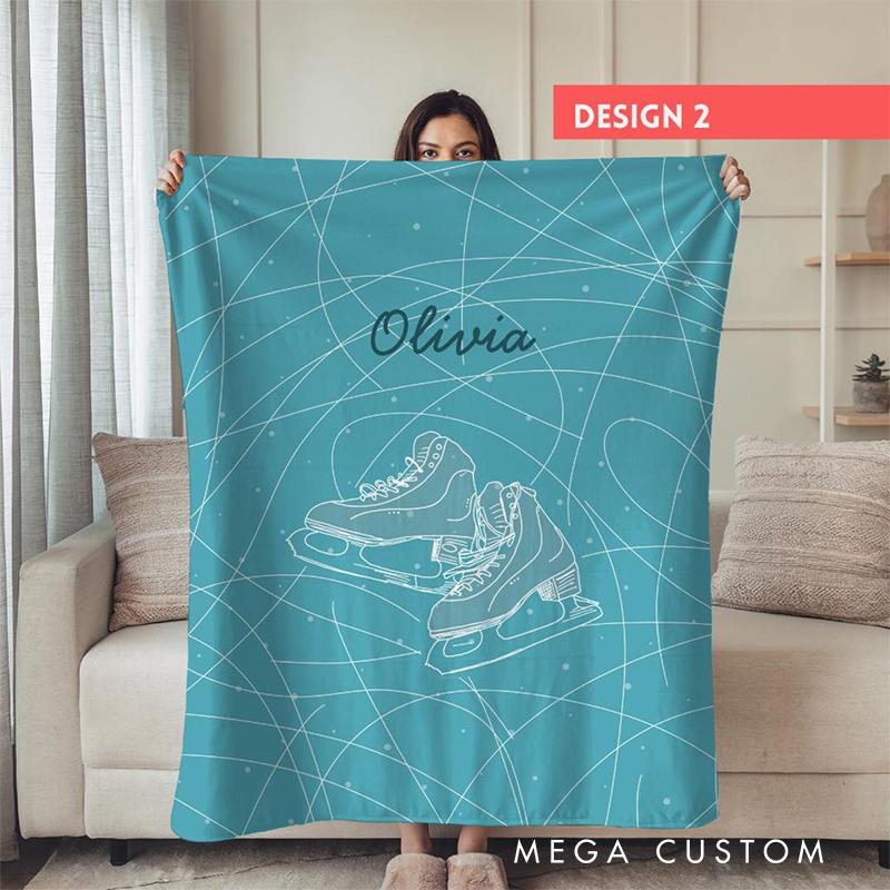 Personalized Ice Skates Line Art Blanket Flannel Blanket Figure Skater Blanket with Name for Ice Skating Lovers Birthday Gift for Girls