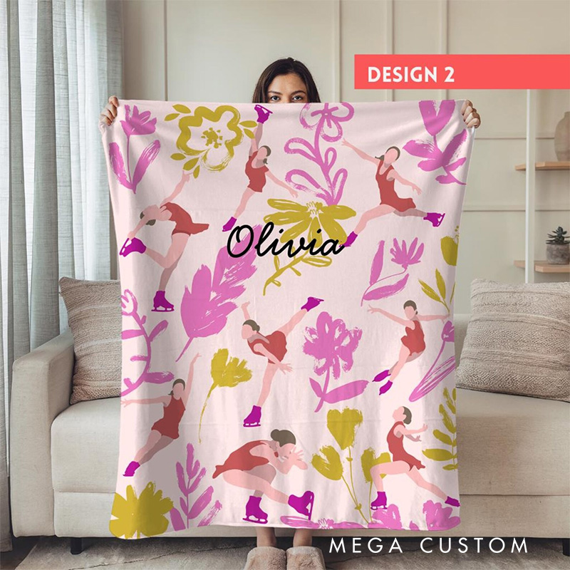 Personalized Flora Ice Skates Blanket Flannel Blanket Figure Skater Blanket with Name for Ice Skating Lovers Birthday Gift for Girls