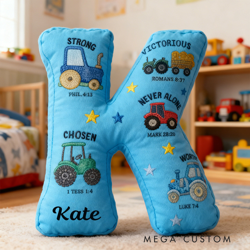 Personalized God Says I am Bible Verse Tractors Letter Pillow with Custom Name Kids Room Decor Religious Gift for Boys Scripture Baptism Gift 3D Print