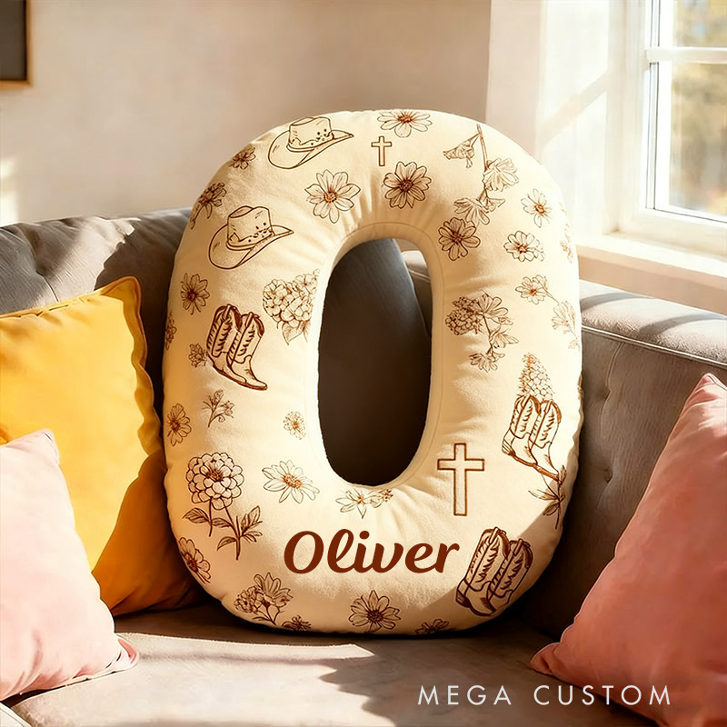 Personalized Rustic Cross Letter Pillow with Custom Name Home Decor Vintage Cowboy Hat Boot Flower Pillow Religious Christian Gift