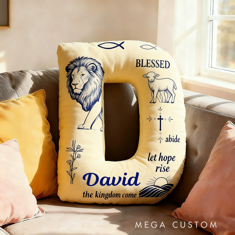 Personalized Lion and Lamb Blessed Letter Pillow with Custom Name Home Decor Fish Cross Olive Branch Pillow Religious Christian Gift