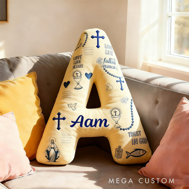 Personalized God will Never Fail You Letter Pillow with Custom Name Home Decor Virgin Mary Cross Chalic Dove and Fish Pillow Religious Gift for Her