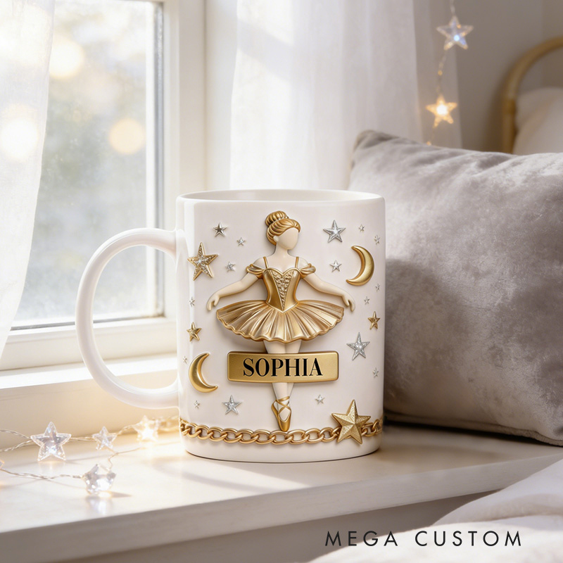 Personalized 2D Flat Golden Night Ballerina Mug Dancer Mug Ballet Dance Lover Mug Dancing Gift Coffee Mug