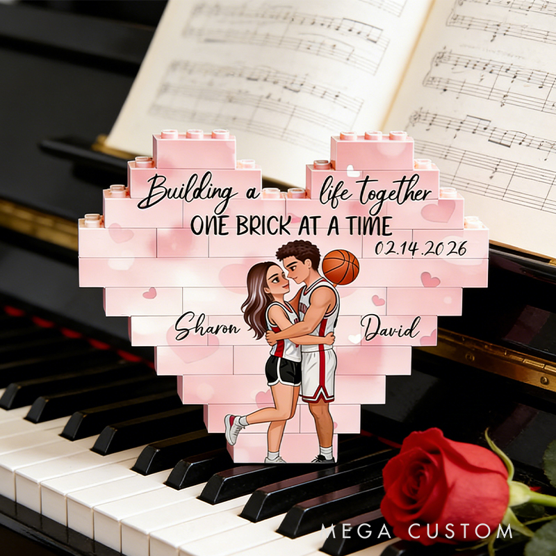 Personalized Basketball Couple Heart Building Block Building a Life Together One Brick at a Time  with Custom Names and Date Valentine's Day Gift