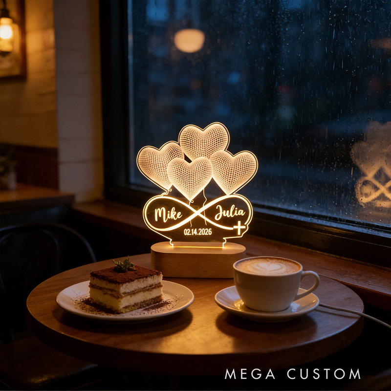 Personalized Infinity Heart Cross 3D Illusion LED Lamp with Wooden Base with Custom Names and Date Valentines Gift for Couple Anniversary Gift