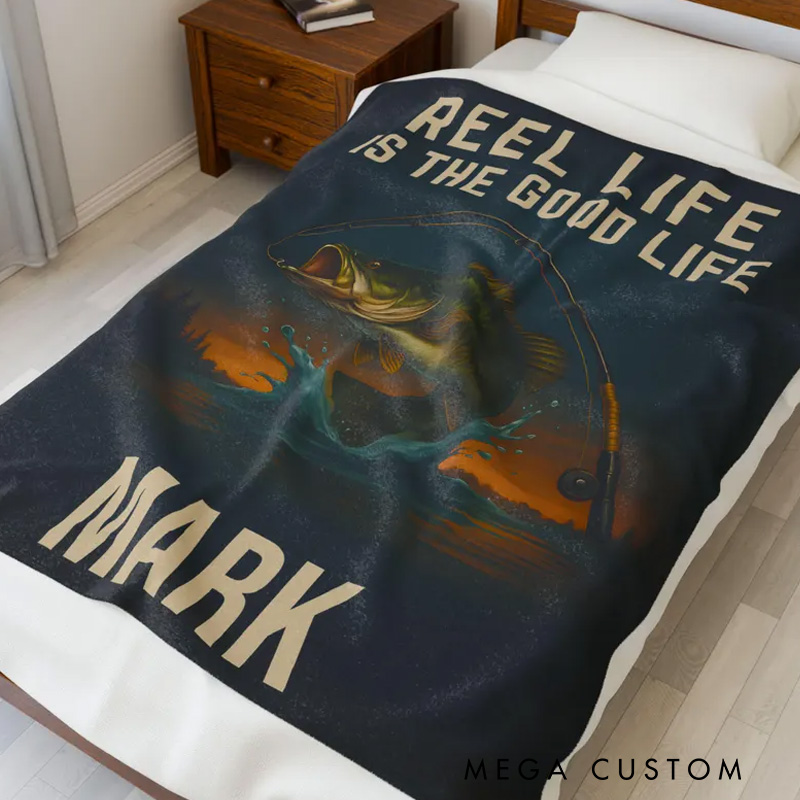 Personalized Fishing Blanket Reel Life Is the Good Life Custom Name Blanket for Dad Fisherman Gift Bass Fish Throw Lake Cabin Decor