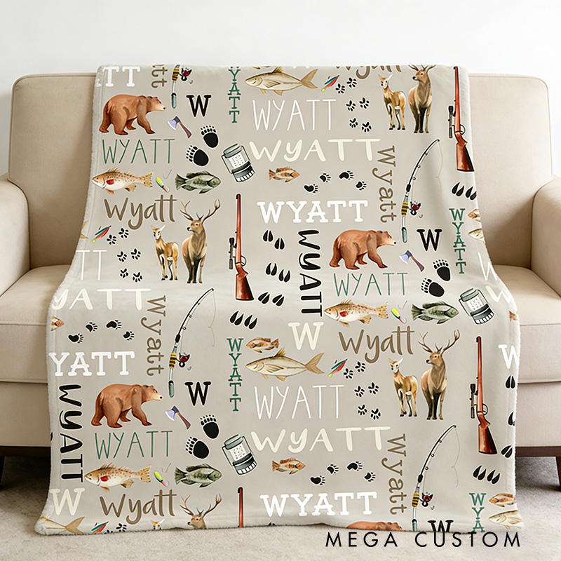 Personalized Hunting Fishing Blanket Custom Hunting Blanket Name Blanket Outdoors Bear Deer Blanket Gift for Kid