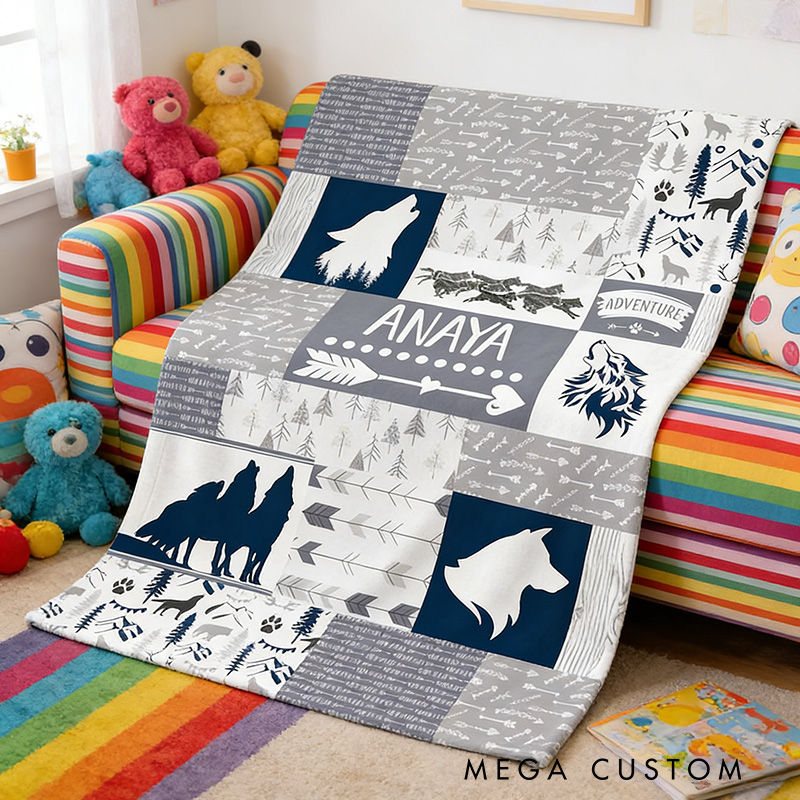 Personalized Kid Blanket with Name Custom Woodland Wolf Blanket Adventure Outdoors Gift for Kid