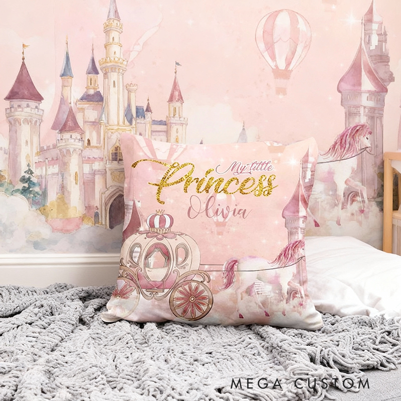 Personalized Little Princess Cushion Royal Carriage Pillow Girl Nursery Decor Pink Castle Baby Shower Gift for Kids
