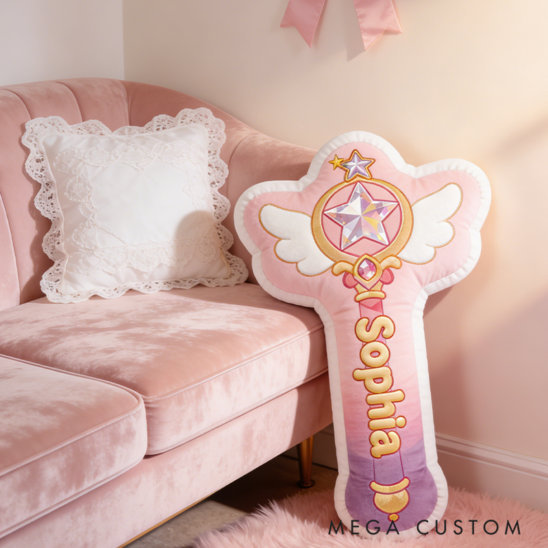 Personalized Pink Magical Wand Moon Shape Custom Name Soft Decorative Gift Fantasy Princess Style Cozy Girls Room DreamyGraphic 3D Print Pillow