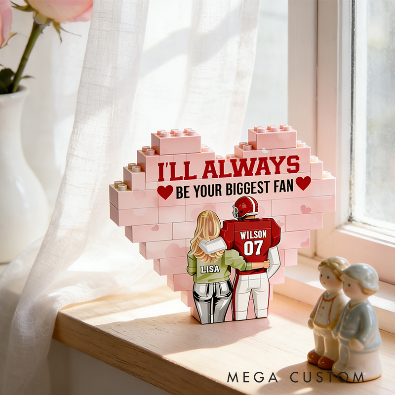 Personalized Football Couples Heart "Biggest Fan" Building Blocks with Custom Names and Number Valentine's Day Gift